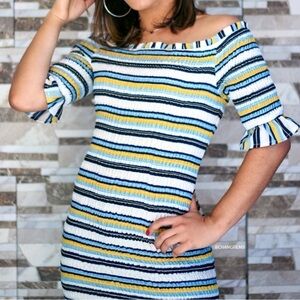 A. Calin By Flying Tomato | NWT Smocked Striped Sheath Ruffle Stretch Dress L
